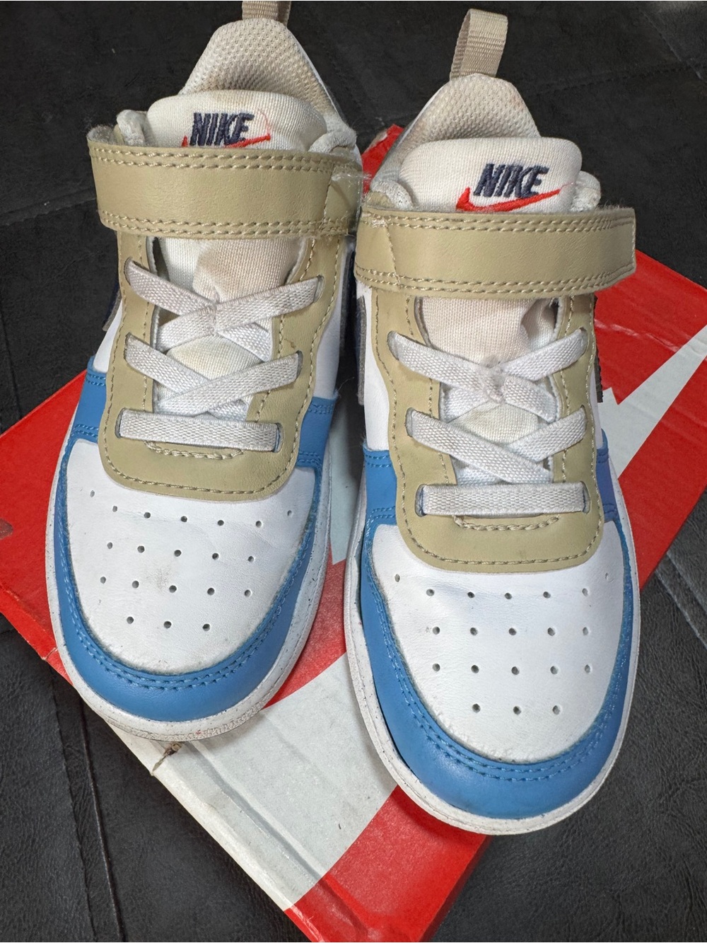 Nike Kids White, Blue & Tan Velcro Low-Top Sneakers